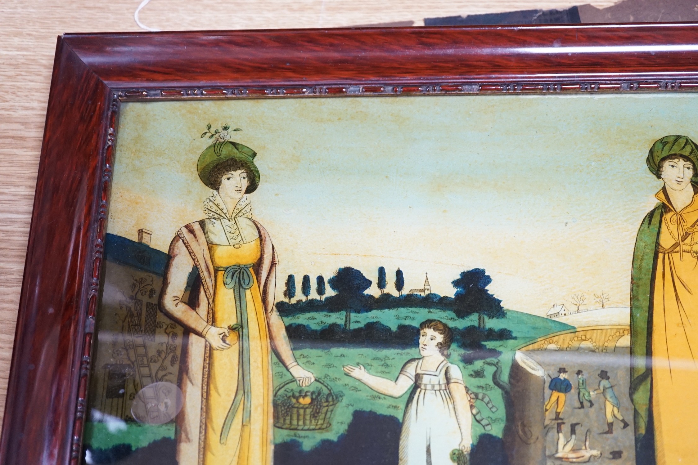 A Georgian style reverse painting on glass, painted by D Gerolimo depicting ‘Autumn and Winter’, 25 x 36cm